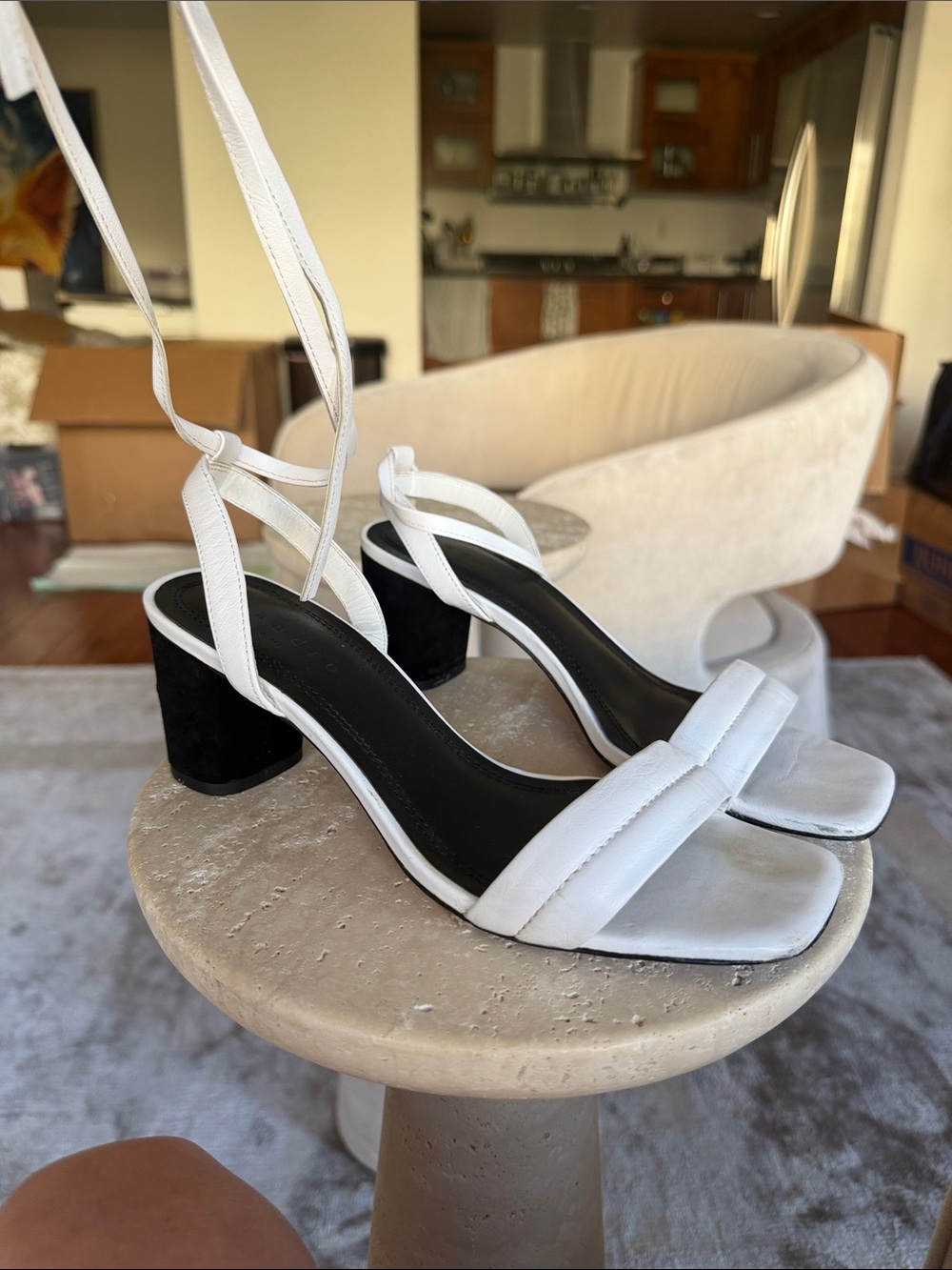 White Ankle-Tie Block Heel Sandals